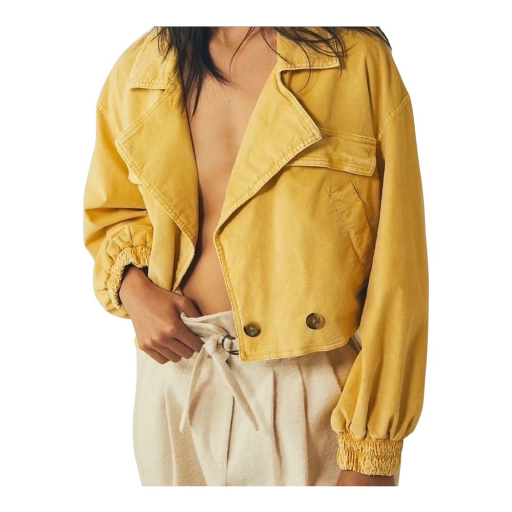 Free People Women Cotton Short Casual Coat Jacket in Yellow size XS